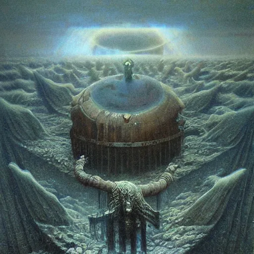 Image similar to gods of the deep, throne worlds, ascendent plane, by Beksinski Finnian