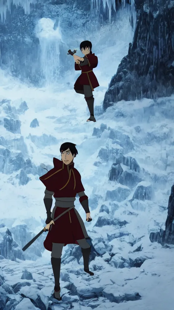 Prompt: A Prince Zuko, with Ice Powers, standing in a snowy vista. Still from Avatar the Last Airbender (2009).