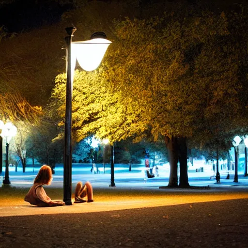 Image similar to a girl reading a book, city park, street lighting, by Emmanuel Lubezki