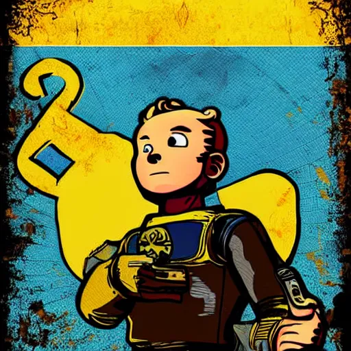 Image similar to digital art cold war poster of vault boy from fallout 3 game,