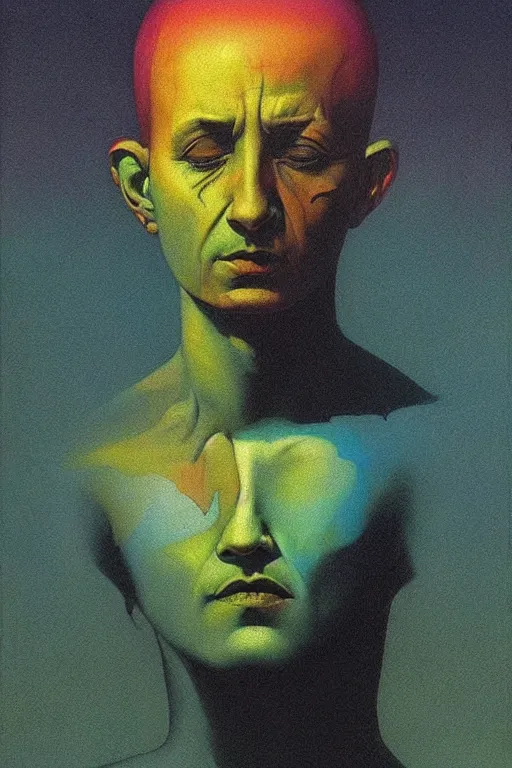 Prompt: portrait of chester bennington colourful shiny beautiful harmony painting by zdzisław beksinski