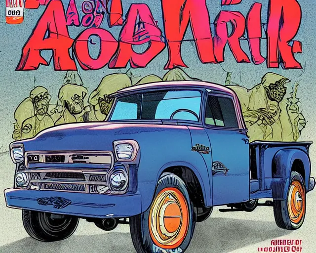 Prompt: a portrait of an old pickup truck by arthur adams and moebius and chip zdarsky