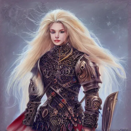 Prompt: portrait of long haired blonde woman, ornate armour, fantasy, painterly, ethereal, trending on art station