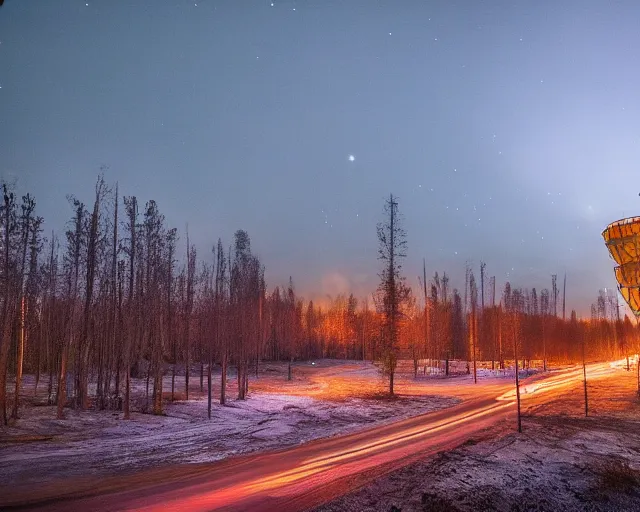 Image similar to national geographic color photo of the city of pripyat at night, long shutter