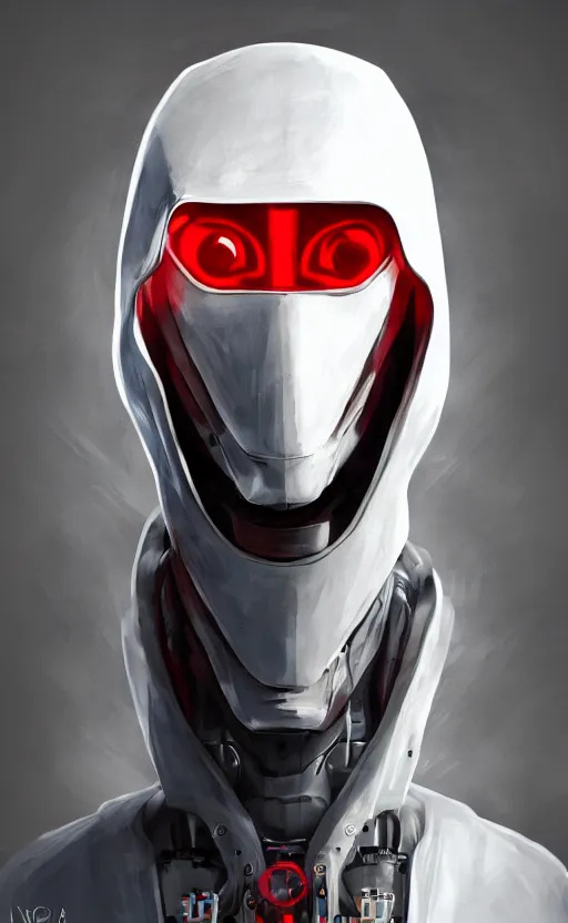 Prompt: face portrait of a robot in an all white hood and robe, with red glowing eyes, dynamic lighting, fantasy concept art, trending on art station, stunning visuals, creative, cinematic, ultra detailed