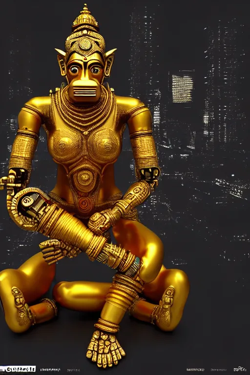 Image similar to high quality 3 d render brutalist cyborg! hanuman sitting, gold madhubani, highly detailed, cyberpunk!! mumbai in the background, unreal engine cinematic smooth, szukalski & blade runner, moody neon light, low angle, uhd 8 k, sharp focus