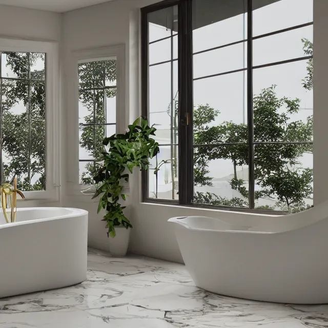 Prompt: marble bathroom interior, bathtub with golden faucet, wood cabinets, marble floor, large window in back with white mountain nh fall river view, large potted plant, realistic, unreal engine render, octane render, hyper realistic, photo, 8 k
