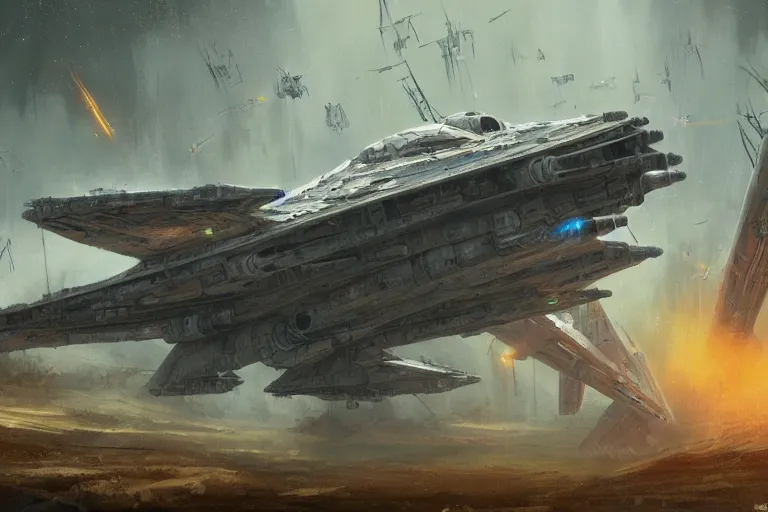 Prompt: concept art, mood painting, environment painting, crashed x - wing swampy bog dim low exposure style of ryan church, jon mccoy, george hull, painting star wars