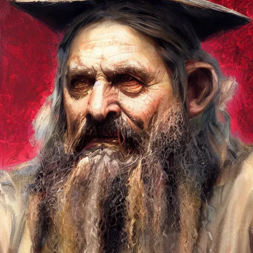 Prompt: Solomon Joseph Solomon and Richard Schmid and Jeremy Lipking victorian genre painting portrait painting of a old rugged dragon wizard huge dragon from the hobbit , red background