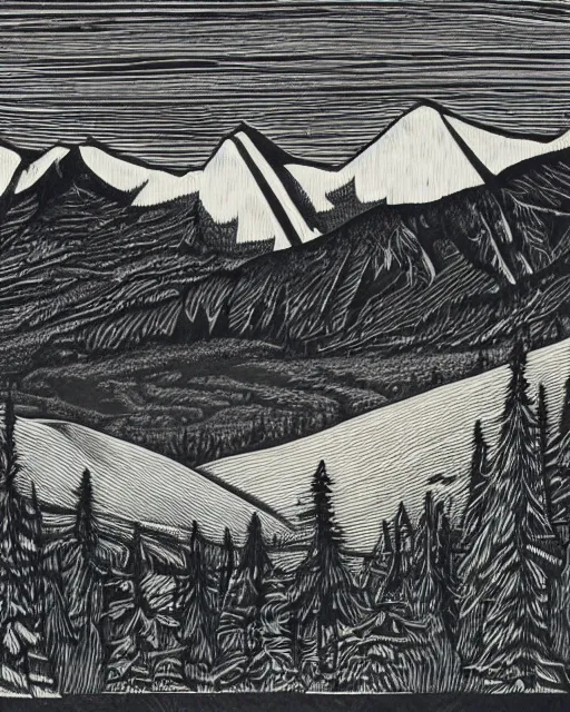 Image similar to an award winning Wood engraving on paper of The Canadian mountains
