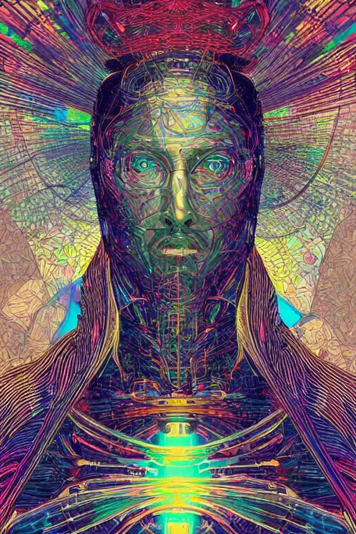 Image similar to A portrait of Thom Yorke as a cyberpunk android, iridescent highlights, surrounded by digital swirls, highly detailed, intricate, soft, sci-fi, sharp focus, subsurface scattering, art by Moebius, Alphonse Mucha