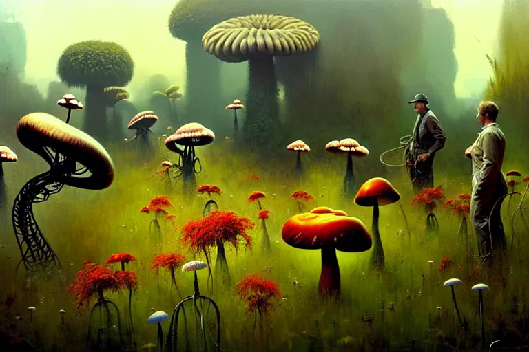 Prompt: surreal painting by craig mullins and greg rutkowski | garden flowers + poison mushrooms surrounded by cables + long grass + garden dwarfs repairing giant mosquito, 7 0's vintage sci - fi style, rule of third!!!!, cinematic