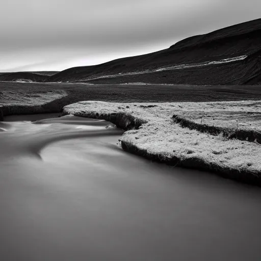 Prompt: minimalist black and white photograph, of an icelandic canyon, time exposure, of a river, in the style of denis villeneuve