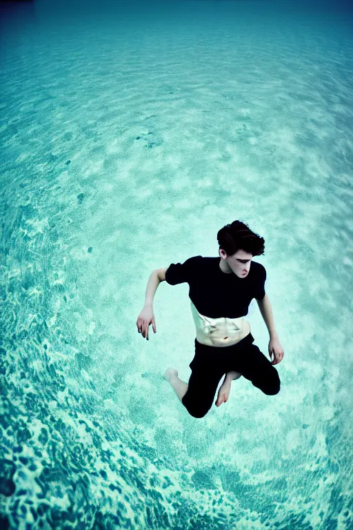 Image similar to high quality pastel coloured film mid angle docu photograph of a beautiful young 2 0 year old male, soft features, short black hair, falling, jumping in an icelandic black rock pool environment. atmospheric. three point light. photographic. art directed. ( pastel colours ). volumetric light. clearcoat. waves glitch. 8 k. filmic.