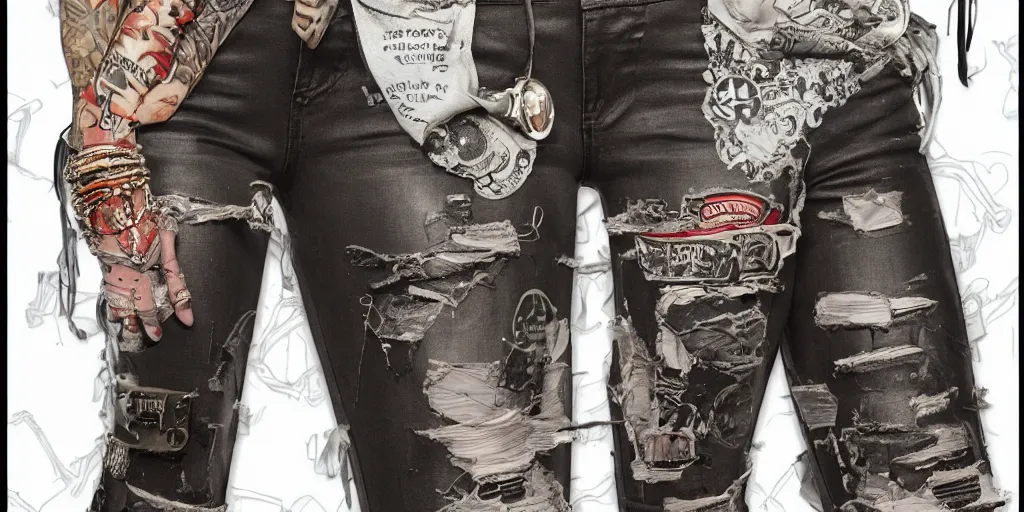 Image similar to anne winters fully tattooed, wearing scratched and ripped short leather jeans, wearing an aviator outfit with a smiley stamp on its back, character sheet, fine details, props, concept design, contrast, kim jung gi, greg rutkowski, trending on artstation, 8 k, full body, turnaround, front, back, ultra wide angle