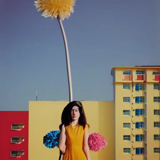 Prompt: giant flower head, full body, girl standing in hotel, surreal, symmetry, mid century, bright colours, blue sky, realistic, wes anderson