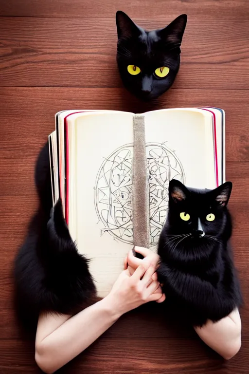 Prompt: photo of very cute and bright girl, her cat and her book of necronomicon, symmetrical, cinematic, real dlsr photography, sharp focus, 4 k, ultra hd, sense of awe, sinister demonic atmosphere, dreadful, horror journal cover