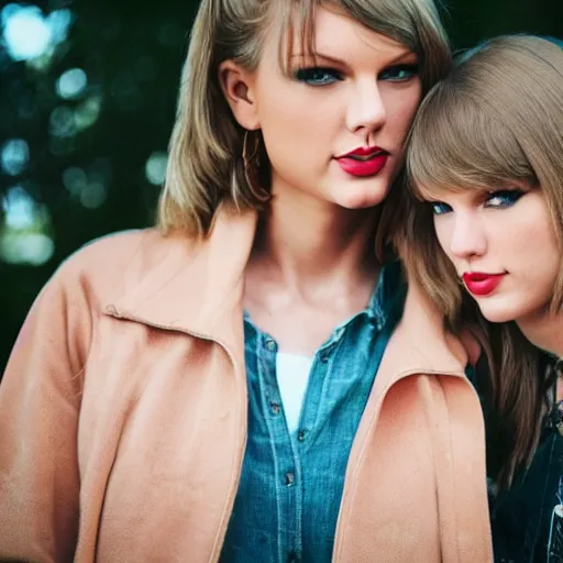 Image similar to A portrait photo of taylor swift teams up with a teenage taylor swift, perfect faces, 50 mm, award winning photography