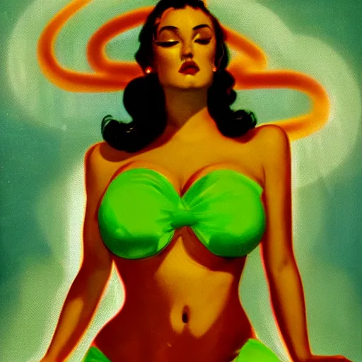 Image similar to portrait of pin up girl in a neon green bikini, visible aura of madness distorting the surroundings, occult details, high quality, 8 k by art frahm