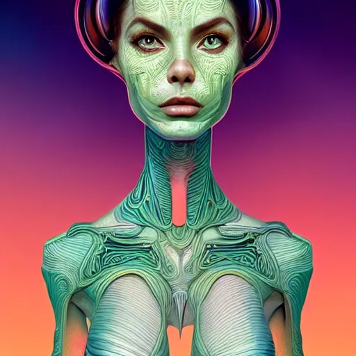 Prompt: wide angle full body portrait of an alien female with green eyes, a perfect face and perfect body, thin waist, mouth half open, intricate, single face, psychedelic background, highly detailed, digital painting, artstation, concept art, smooth, sharp focus, illustration, Unreal Engine 5, 8K, art by artgerm and greg rutkowski and alphonse mucha