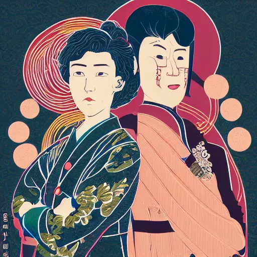 Prompt: portrait of two characters in the style of genshin impact art style and victo ngai