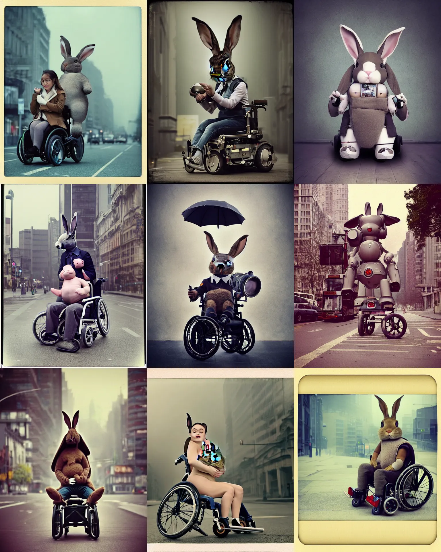 Prompt: sophisticated!!! epic pose!!! giant oversized battle rabbit robot chubby mech baby sport wheelchair! double decker with giant oversized ears and rabbit babies in sitting pose ,in busy city , full body , Cinematic focus, Polaroid photo, vintage , neutral dull colors, soft lights, foggy mist , by oleg oprisco , by national archives, by discovery channel, by victor enrich , by gregory crewdson