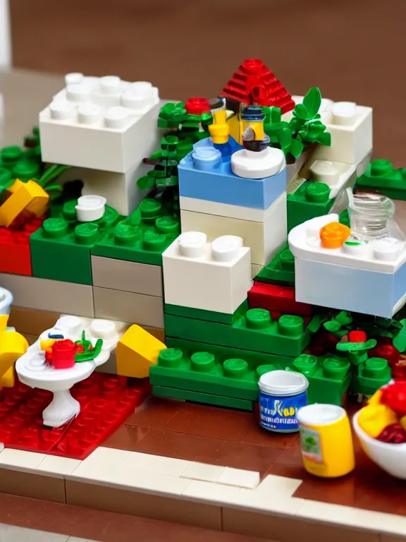 Prompt: miniature lego diorama of yogurt with fruits