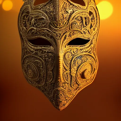 Image similar to an elaborate intricate mask surrounded by storm clouds, rendered in octane, behance hd, bokeh backdrop