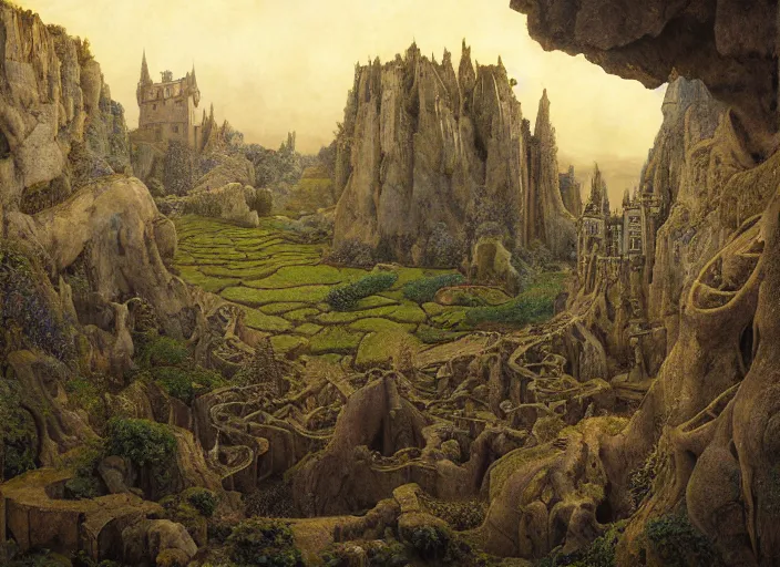 Image similar to jim henson's labyrinth at dawn. the maze of stone corridors is spread out over the hills surrounding the goblin king's castle by edgar maxence and caravaggio and michael whelan and delacroix style, artistic, intricate painting, cinematic lighting, hyper realistic, extremely detailed, establishing shot, 8 k resolution, dramatic lighting