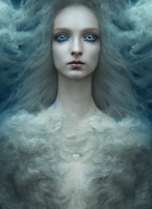 Prompt: Her huge ominous glowing blue eyes staring into my soul , perfect eyes, soft pale white skin, intricate stunning highly detailed, agostino arrivabene, WLOP, twisted dark lucid dream, 8k portrait render, raven wings, swirling thick smoke , beautiful lighting, dark fantasy art, cgsociety