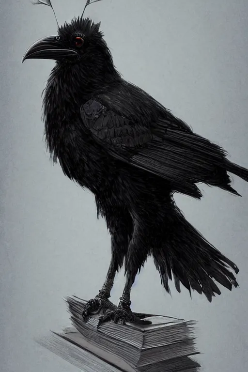 Prompt: highly detailed anime visual key of a raven wearing bachelor hat that is holding a academic thesis, 4 k, unreal engine, fantasy art by greg rutkowski, detailed and intricate environment pixiv, professional digital art