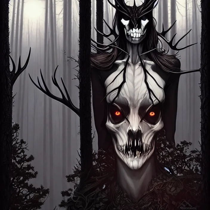 Image similar to style artgerm, joshua middleton, diego fazio, gerald brom : : scary wendigo with antlers and skull face mixed with werewolf : : [ beautiful witch wearing a black dress, symmetrical face, on the right side ] : : in the forest, detailed, dark and foggy, cinematic lighting