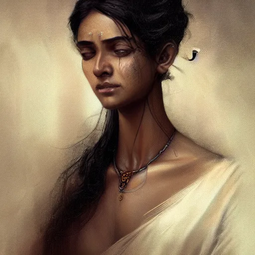 Prompt: portrait of a srilankan woman, dreamy, fantasy, pain, gritty, intricate, elegant, highly detailed, digital painting, artstation, concept art, matte, sharp focus, illustration, octane render, unreal engine, art by aenaluck and roberto ferri and greg rutkowski, epic fantasy, digital painting