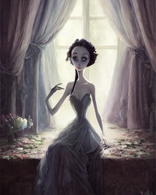 Image similar to elegant mysterious solemn victoria everglot from the corpse bride, portrait, illustration, rim light, top light, summer clear blue sky, perfectly shaded, soft painting, art by krenz cushart and wenjun lin