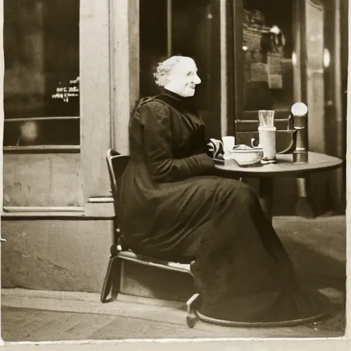 Prompt: An edwardian woman sitting outside a cafe in paris at night, the moon is in the sky, the eiffel tower is visible in the background