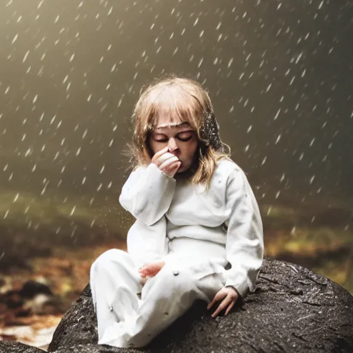 Image similar to Realistic Cute Marshmallow kid crying in the raining forest sitting on a rock, sad, cloudy, rainy, movie shot, studio shot, studio lighting, 8k