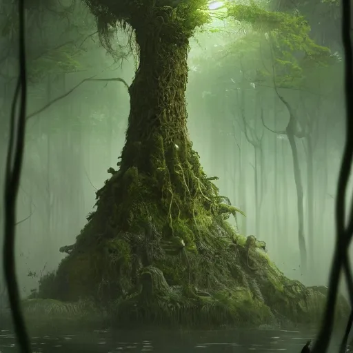 Image similar to living tree, tree has legs and eyes, in the shape of a frog, swamp, greg rutkowski, trending on art station, magic the gathering, 4 k, matte painting
