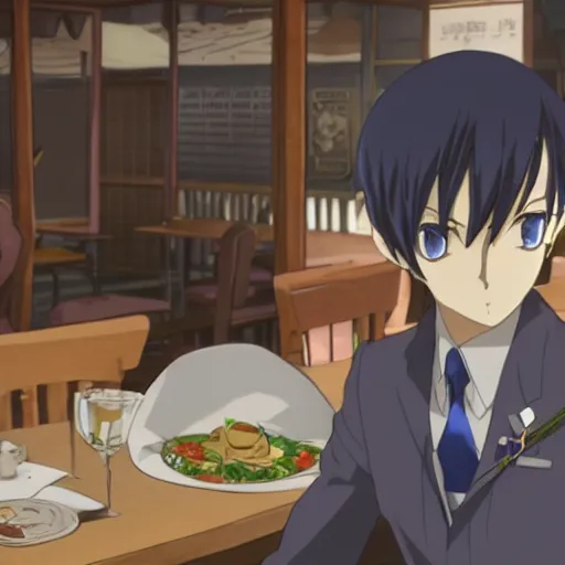 Prompt: Aymeric de Borel in a restaurant slice of life anime. Key frame. still from 3d tv anime, Kyoto animation studio, Flash photography