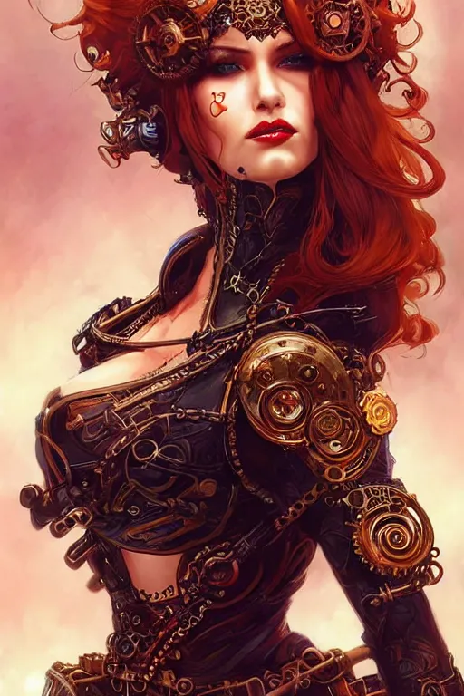 Image similar to front-side portrait sensual Lady Mechanika with ginger wavy hair, Intricate, steampunk imagery themed, D&D!, fantasy style, sharp focus!, ultra detailed, art by Artgerm and Peter Andrew Jones, WLUP