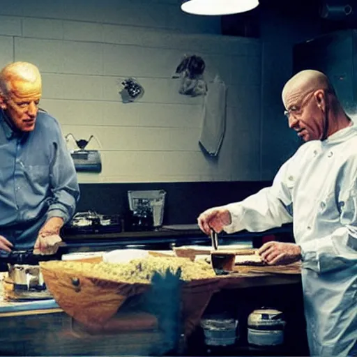 Image similar to “Very photorealistic screenshot of Joe Biden and Walter White cooking drugs in an episode of Breaking Bad, atmospheric lighting, award-winning”