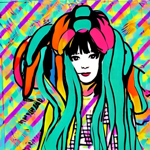 Image similar to hatsune miku painted by andy warhol