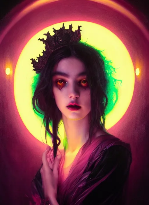 Image similar to a portrait of bio - luminescent beautiful demon queen in deep, black darkness, shining eyes, neon colors, illustration, dramatic lighting, soft details, painting oil on canvas, art nouveau, octane render, hdr, 4 k, 8 k, hd, by edmund blair leighton, brom, charlie bowater, trending on artstation, faces by tom bagshaw, sargent