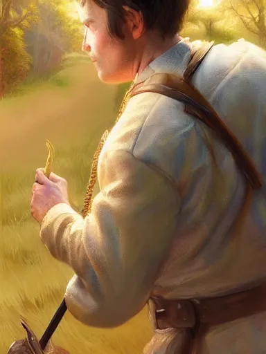 Image similar to a handsome young man, holding a adorned cane. walking in a rural area. intricate, elegant, highly detailed, digital painting, artstation, concept art, sharp focus, illustration, by justin gerard and artgerm, 8 k