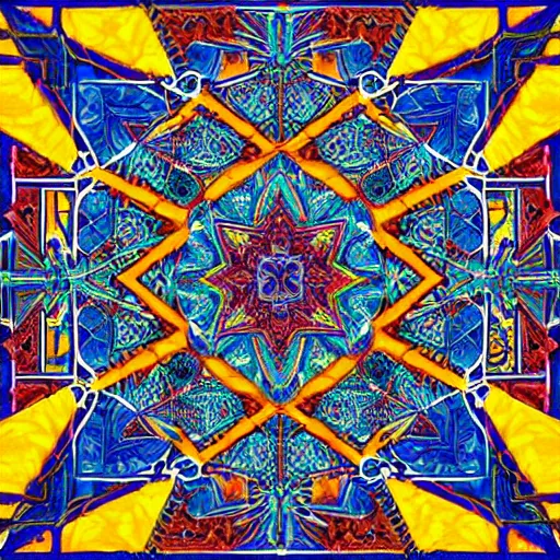 Prompt: ''hyperrealistic dmt palace with mosque geometric morrocan tile pattern in the centre a realistic skull dmt ayahuasca geometric fractal entity with heads as pillars in the beackground flowing snakes going throug the space merkabah geometric landscape as floor with ultramarine color and fluroescent sprinkles intricate detail alex grey vermeer hr giger''