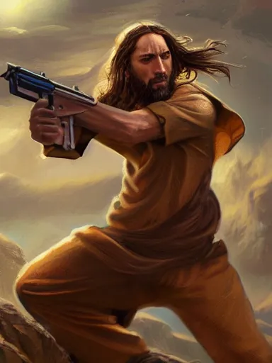 Image similar to jesus christ firing ak - 4 7. intricate, elegant, highly detailed, digital painting, artstation, concept art, sharp focus, illustration, by justin gerard and artgerm, 8 k