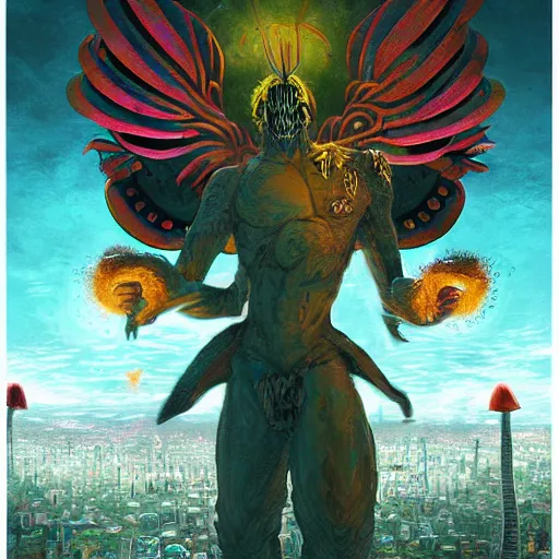 Image similar to 8K centered headshot Portrait of a psychedelic godlike mothman posing with a cigar with giant mandala wings smoking a hand-rolled cigarette smoking heavily , magic mushroom village in background , post-processing , award winning. superb resolution. in the art style of Satoshi Kon and Greg Rutkowski . Detailed Mushroom city in background. Hyper realistic anime. Perfect art. Dalle2