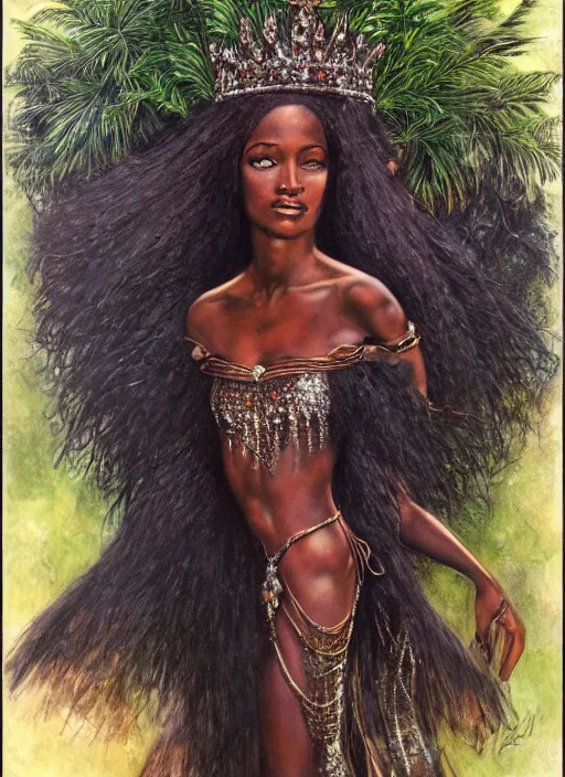 Image similar to portrait african princess, black iron crown, diamond shimmering dress, strong line, deep color, forest, beautiful! coherent! by boris vallejo, by brian froud