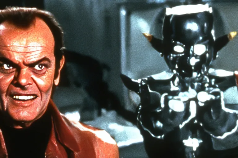 Image similar to Jack Nicholson in costume of Pikachu Terminator scene where his endoskeleton gets exposed and his eye glow red still from the film