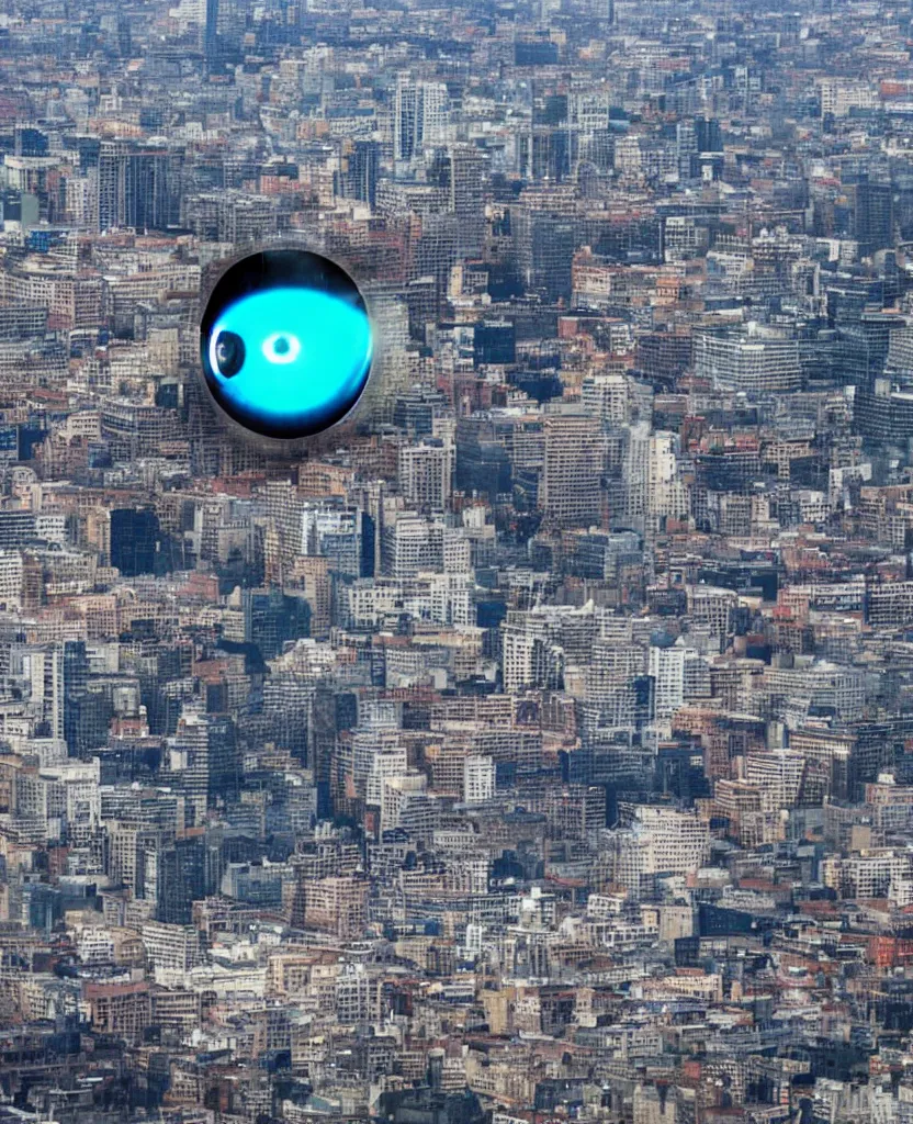 Prompt: Gigantic eyeball watching over a city