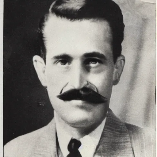 Prompt: newspaper photo from 40s of a sidecut hair toupet stern looking slim medical doctor with a simple mustache